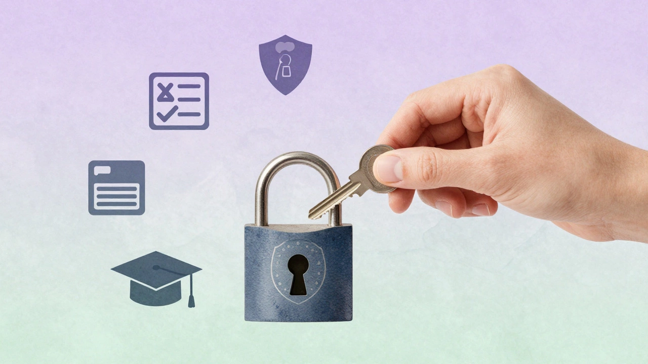 A key unlocking icons of health, safety, and education in soft watercolor tones.