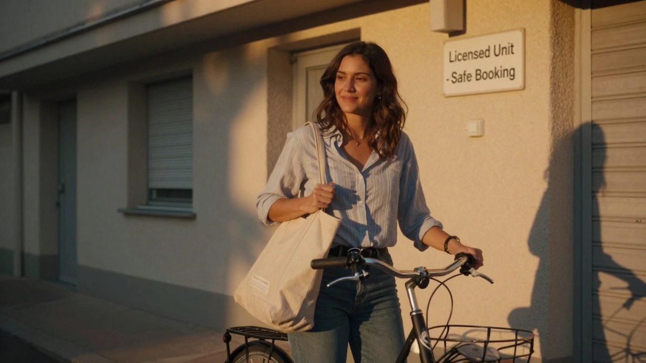 A woman locking her bike outside a licensed escort unit building at dusk, calm and confident.
