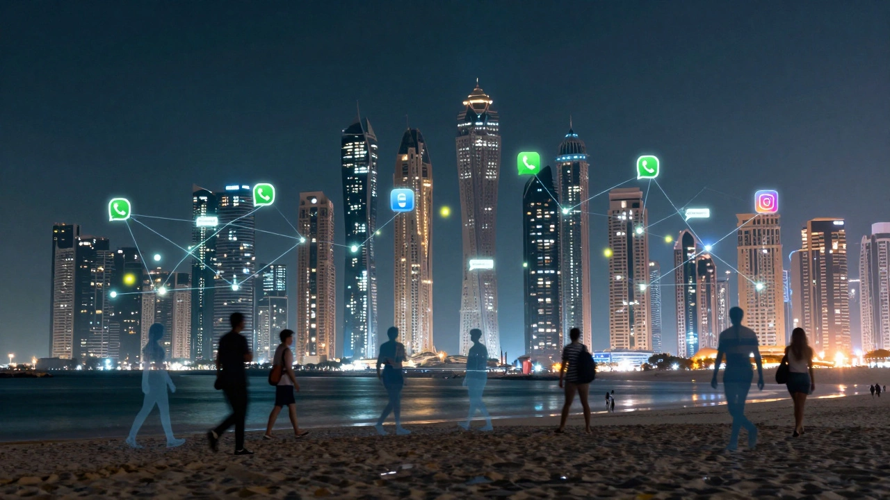 Dubai’s skyline at night with faint digital whispers surrounding walkers on the beach, representing hidden digital connections.